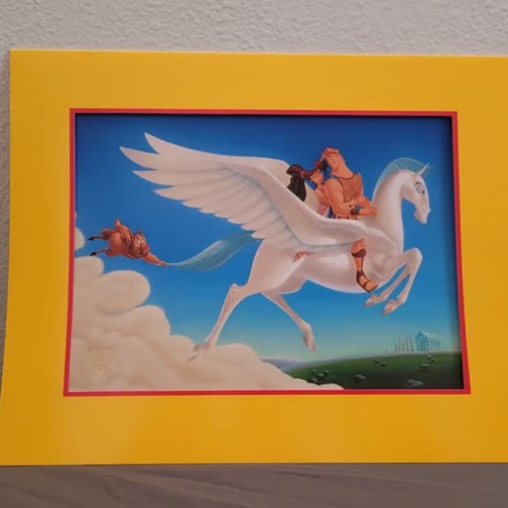 Yellow-Framed Pegasus Wall Art Print - White Pegasus on Blue Sky